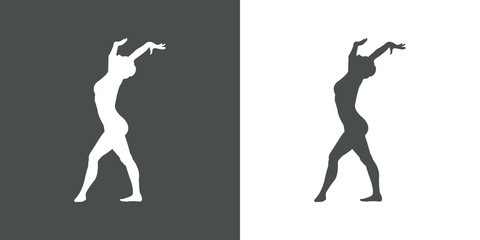 Fototapeta na wymiar Icono plano silueta mujer gimnasia en suelo en gris y blanco