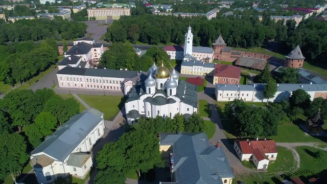 Flight over St. Sophia Cathedral on a summer day. Veliky Novgorod, Russia