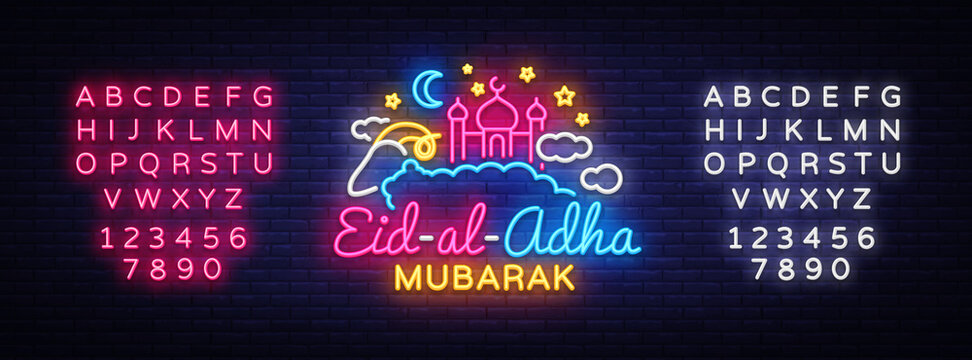 Muslim holiday Eid al-Adha holiday vector illustration. Eid al-Adha Mubarak neon sign design template, modern trend design. Graphic design decoration Kurban Bayram. Vector. Editing text neon sign