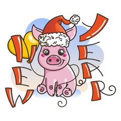 Happy New 2019 Year card with cartoon baby pig. Small symbol of holiday.