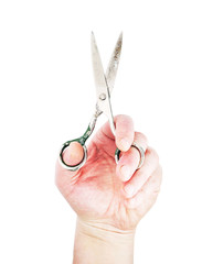 hands hold the scissors isolated white.
