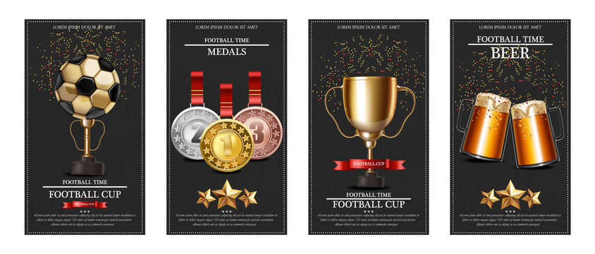 Football world cup prize and medals Vector realistic cards template layouts
