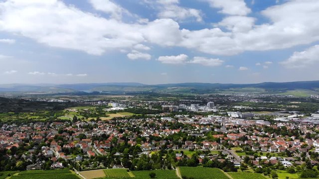 Aerial view of Ingelheim at the river Rhine with vineyards, Flight over, Rheinland-Pfalz, Germany