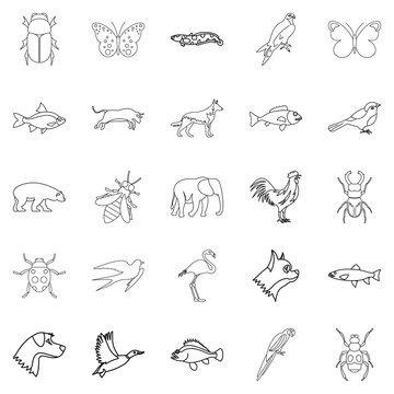 Urban animals icons set. Outline set of 25 urban animals vector icons for web isolated on white background