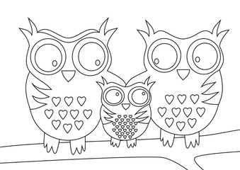 Owls family with mother and father and child