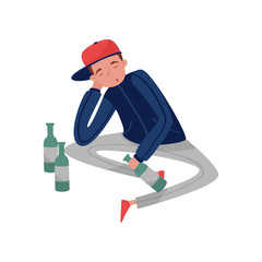 Smiling drunk young man cartoon character, guy sitting and sleeping vector Illustration on a white background