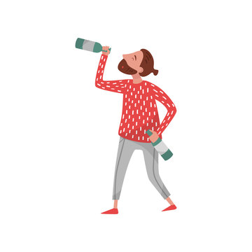 Drunk hipster young man cartoon character, guy drinking alcoholic drink from bottle vector Illustration on a white background