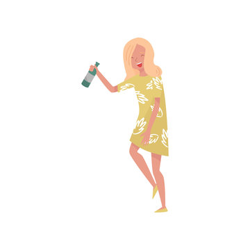 Smiling drunk young woman cartoon character, girl with bottle of wine vector Illustration on a white background
