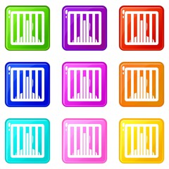 Man behind jail bars icons of 9 color set isolated vector illustration