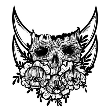 Vector illustration with a human skull and flowers. Gothic brutal skull. For print t-shirts or book coloring.