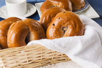 Fresh Blueberry Bagels in a Wooden Basket