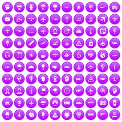 100 aviation icons set in purple circle isolated on white vector illustration