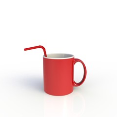 Straw in red coffee cup isolated on white background. Mock up Template for application design. Exhibition equipment. Set template for the placement of the logo. 3D rendering.