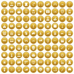 100 film icons set in gold circle isolated on white vectr illustration