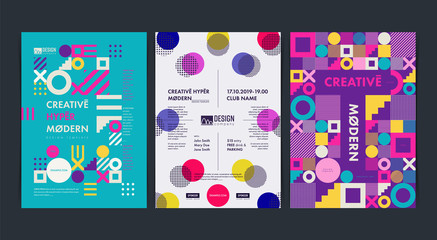 Set of Flyer templates with geometric shapes and patterns, 80s memphis geometric style. Vector illustrations. - 211757991