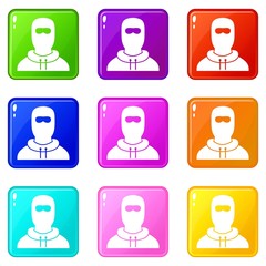Man in balaclava icons of 9 color set isolated vector illustration