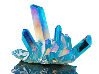 Amazing colorful Quartz Rainbow Flame Blue Aqua Aura crystal cluster closeup macro isolated on white background