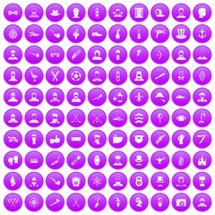 100 beard icons set in purple circle isolated on white vector illustration