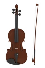 Obraz na płótnie Canvas Classical violin with bow isolated on white background, String instrument, 3d rendering