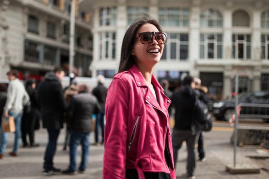 Stylish Woman In Pink Jacket On Street