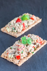 Salad with tuna, avocado, tomatos, coriander and lemon juice, served on crispbread, vertical