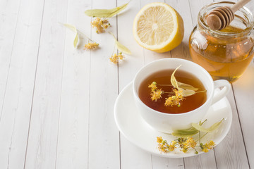 Tea with Linden, honey and Lemon. Healthy food, treatment of colds