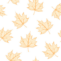 Vector orange seamless background of falling leaves.  Hand drawn pattern. Maple backdrop. Autumn illustration. Can be used for package and wrapping. 