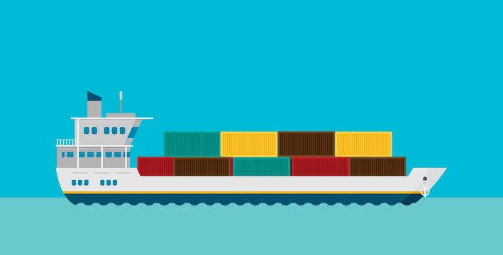 Cargo ship in sea vector illustration, flat style