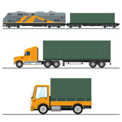 Land Freight Trucking and Railway Services , Truck and Lorry, Locomotive with Cargo Container , Logistics, Freight of Goods, Vector Illustration
