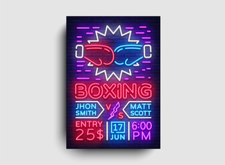 Boxing Flyer design template. Boxing night Light Banner, Design Boxing Match Invitation, Neon Style, Bright Brochure, Typography, Bright Neon Advertising. Vector illustration