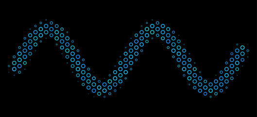 Halftone Sinusoid wave collage icon of circle elements in blue shades on a black background. Vector bubble spheres are grouped into sinusoid wave collage.