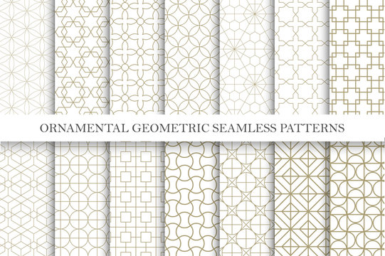 Collection of seamless ornamental vector patterns. Grid geometric oriental design.