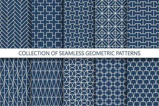 Collection geometric seamless patterns. Grid ornamental design.