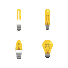 Light bulb and lamp set in cartoon style. Main electric lighting types vector. Idea illustration.
