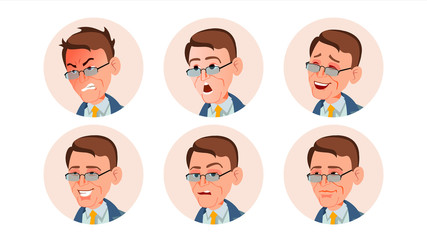 Business Avatar Man Vector. Comic Emotions. Beautiful Male. Laugh, Angry. Happiness, Unhappy. Isolated Cartoon Character Illustration