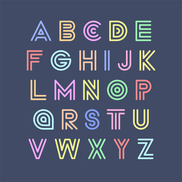 Colorful striped funny font. Vector english alphabet in retro style. Playful latin letters