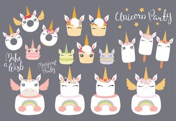 Papier Peint photo Lavable Illustration Big set of different desserts with cute funny unicorn faces, horns, ears, wings, lettering quotes. Isolated objects on gray background. Vector illustration. Flat style design. Concept children print.