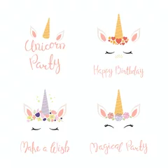 Foto auf Glas Set of hand written birthday lettering quotes, with cute unicorn faces. Isolated objects on white background. Vector illustration. Design concept for banner, invitation, greeting card. © Maria Skrigan