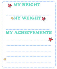Vector baby milestone card for girl or boy. My height, my weight, my achievement
