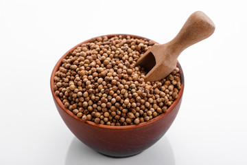 fragrant coriander seeds on a white background