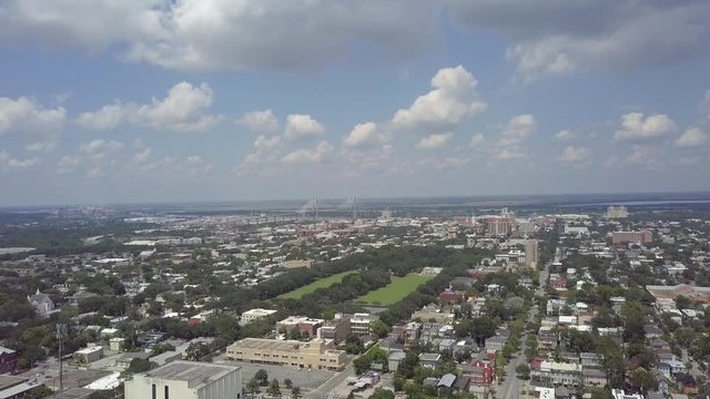 Wide aerial view of Savannah, GA and forsyth park on a sunny summer day