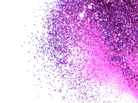 Purple glitter sparkles on white background. Beautiful abstract backdrop for vip design, fashion, make up, nail art, shopping, cards design, beauty concept