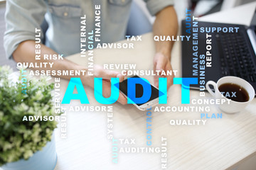 Audit business concept. Auditor. Compliance. Virtual screen technology. Words cloud.
