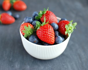 Fresh berries. Strawberries and blueberries in bowl.