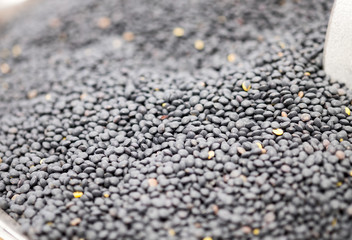 Macroshot of Black lentils, sale on local city market