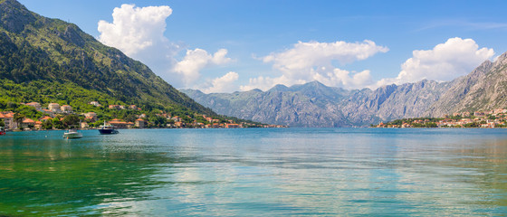 Adriatic sea coastline, boka-kotor bay near the city Kotor, Mediterranean summer seascape, nature landscape, vacations in the summer paradise, panoramic view
