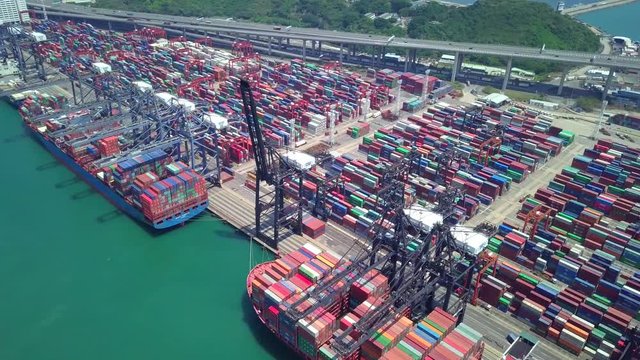  Drone fly over container terminal port in Hong Kong