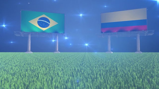 3d animated soccer ball bouncing in front of billboards with the flags of Brazil and Colombia with flickering lights in the background in 4K resolution