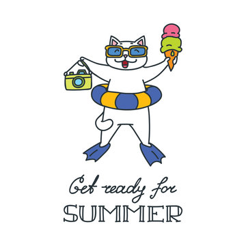 Get ready for summer. Doodle vector illustration of happy white cat holding an ice cream and a photo camera