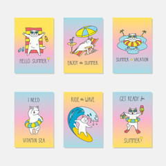Fototapeta na wymiar Set of summer cards with cute cats on vibrant gradient backgrounds. Can be used as party flyers, banners, posters, invitations, brochures and more. Vector template illustration EPS 8.